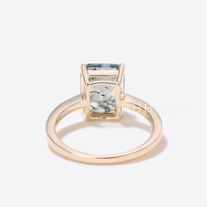 2CT Emerald Cut Natural Moss Agate Solitaire Engagement Ring