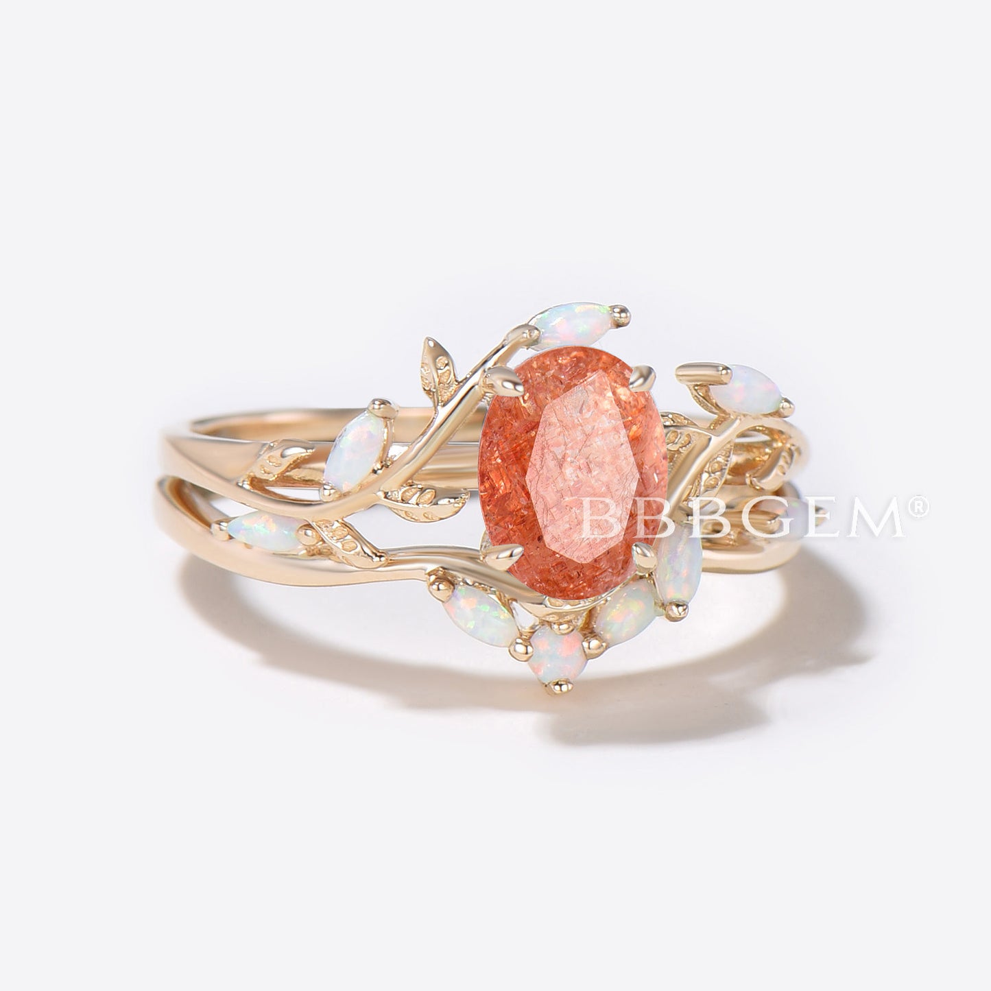 1.5ct Oval Sunstone Engagement Ring Gold Leaf Vine Opal Wedding Ring