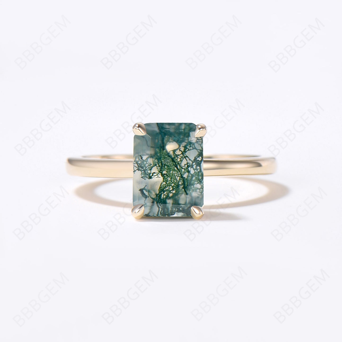 Hidden Halo Emerald Cut Moss Agate Engagement Ring Set