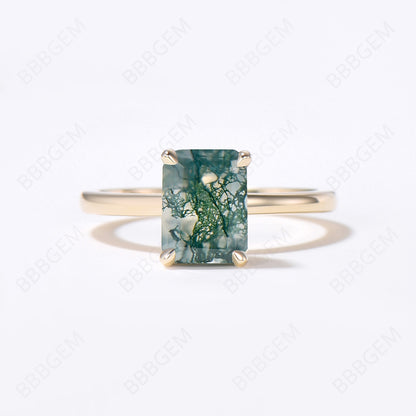 Hidden Halo Emerald Cut Moss Agate Engagement Ring Set