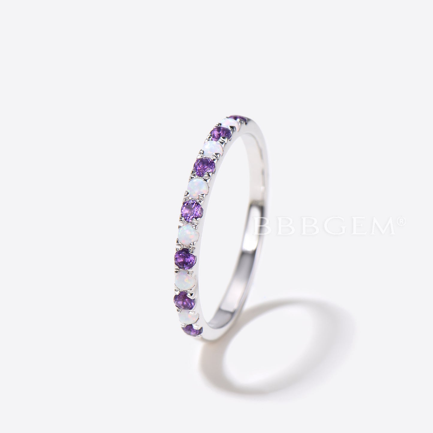 Opal Amethyst Wedding Band 14k 18k White Gold Half Eternity Bridal Women Stacking Ring Promise Anniversary Gift Matching