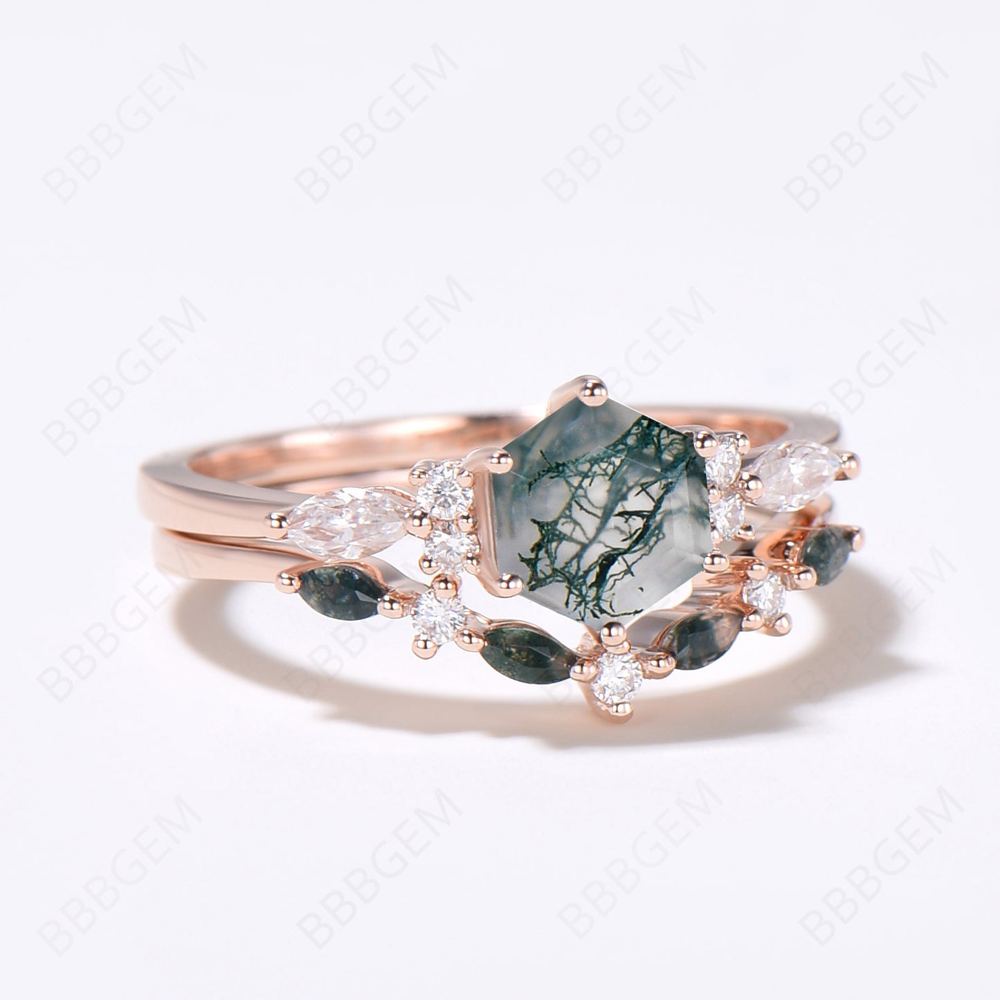 Hexagon Cut Moss Agate Ring 7 Stone Cluster Moissanite Ring