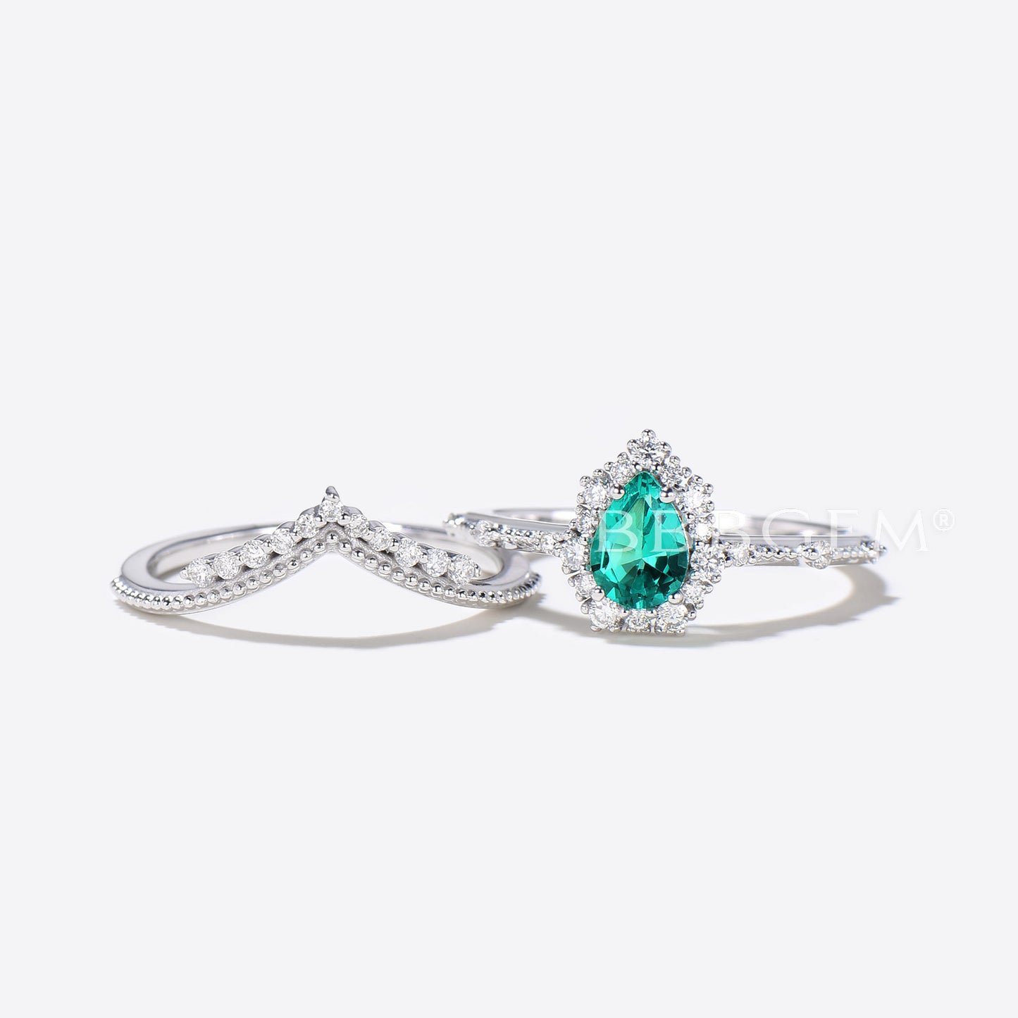 Pear Emerald Ring Set Green Emerald Gemstone Anniversary Ring Diamond Chervon Band