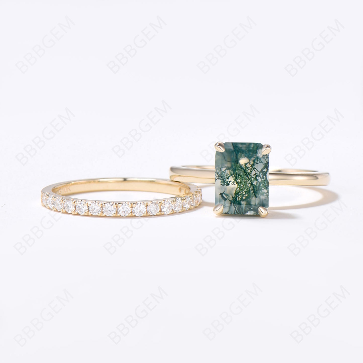 Hidden Halo Emerald Cut Moss Agate Engagement Ring Set