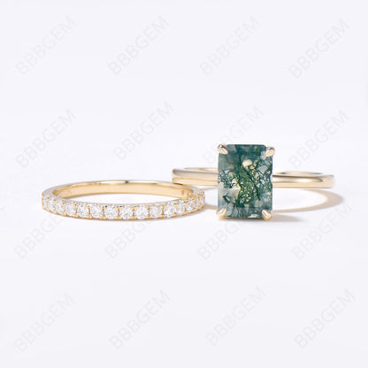 Hidden Halo Emerald Cut Moss Agate Engagement Ring Set