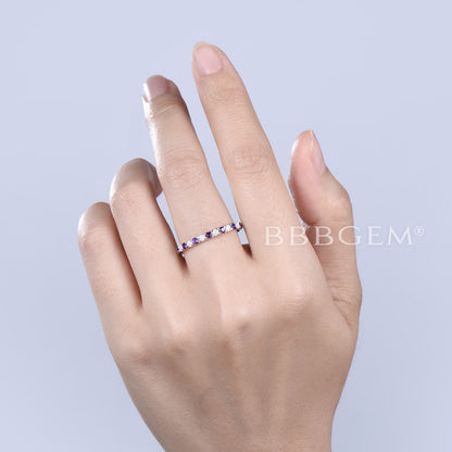 Opal Amethyst Wedding Band 14k 18k White Gold Half Eternity Bridal Women Stacking Ring Promise Anniversary Gift Matching