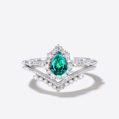 Pear Emerald Ring Set Green Emerald Gemstone Anniversary Ring Diamond Chervon Band