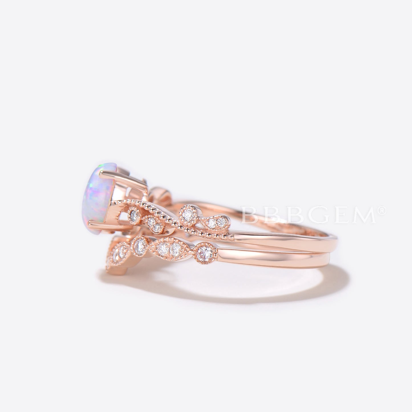 Floral Opal Solitaire Diamond Engagement Ring Bridal  Set Rose Gold Antique