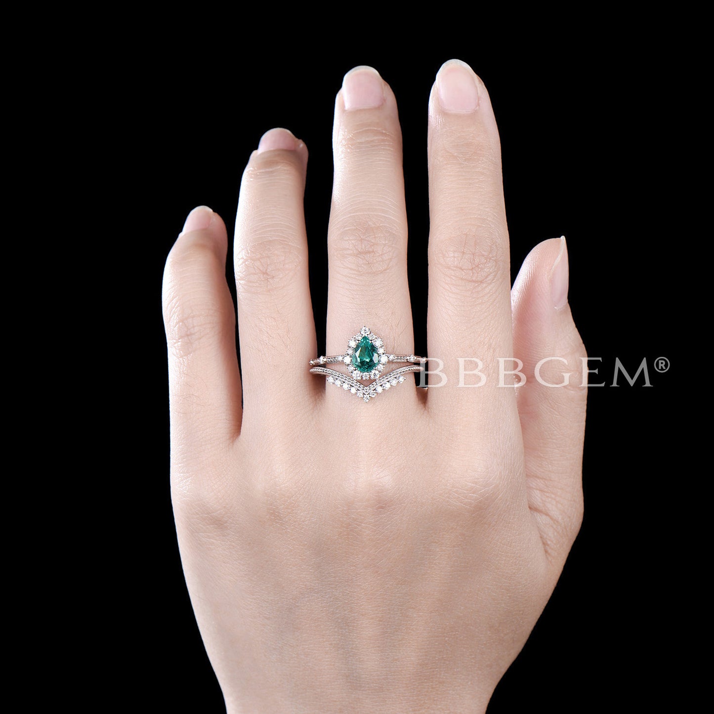 Pear Emerald Ring Set Green Emerald Gemstone Anniversary Ring Diamond Chervon Band