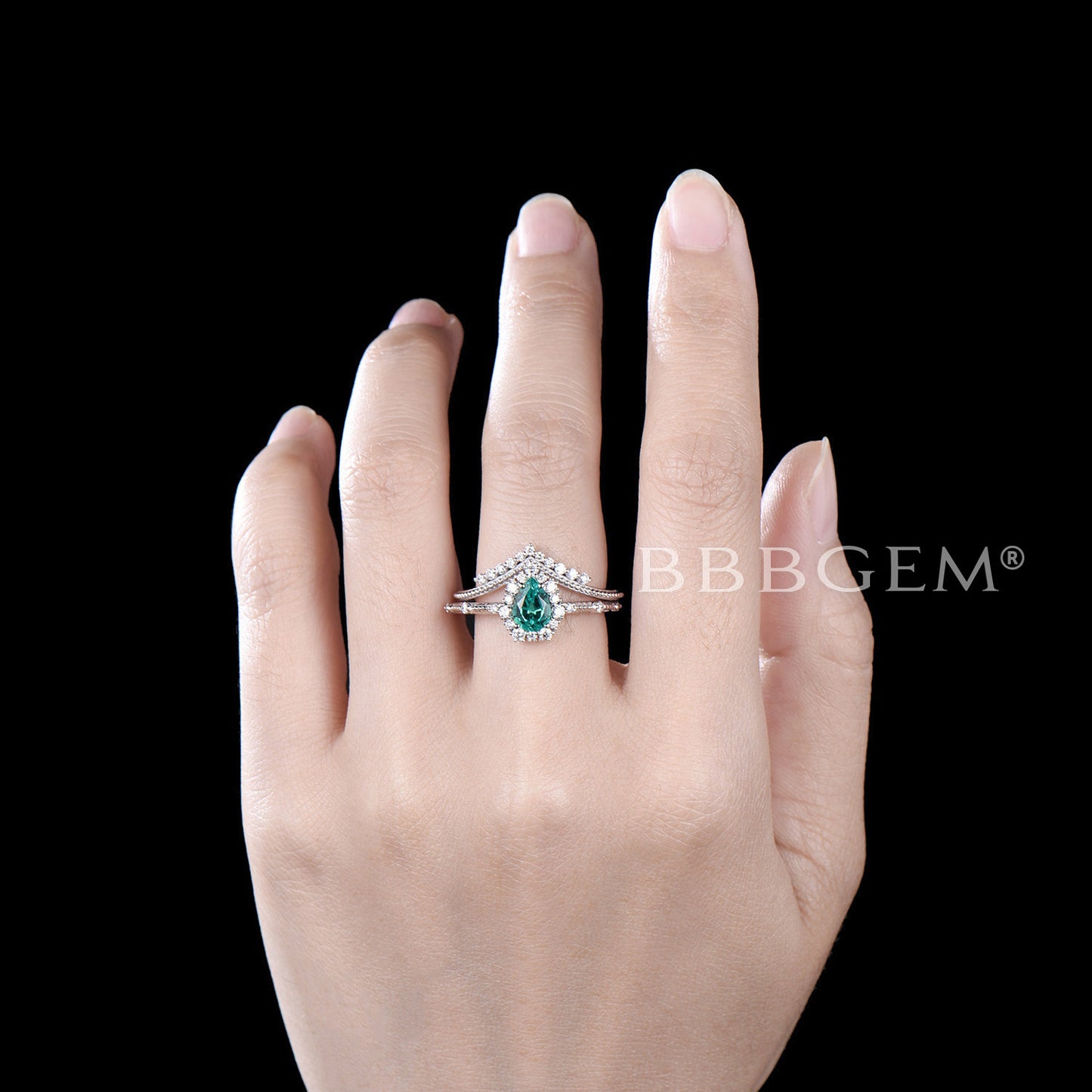 Pear Emerald Ring Set Green Emerald Gemstone Anniversary Ring Diamond Chervon Band