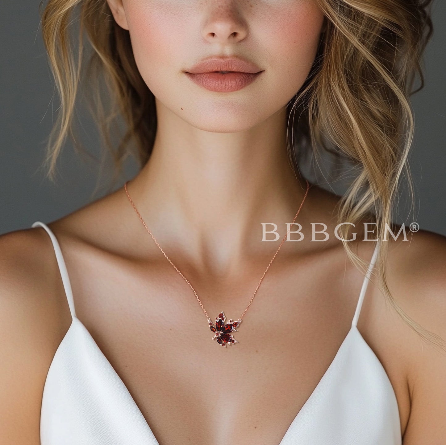 Teardrop Cut Garnet Maple Leaf Necklace Rose Gold Nature Inspired Pendant