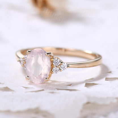 Dainty Rose Gold Rose Quartz Engagement Ring Diamond Ring Plain Gold Band