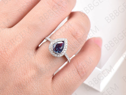 8x6mm Pear Alexandrite Bezel Ring Halo 14K 18K White Gold Alexandrite-r003