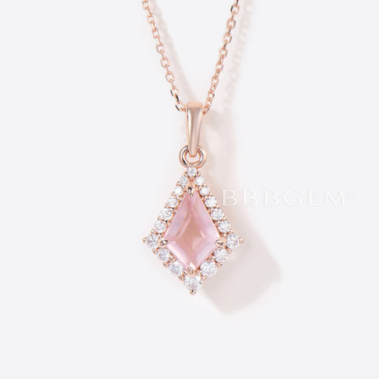 Kite Rose Quartz Necklace Rose Gold Halo Moissanite Pendant