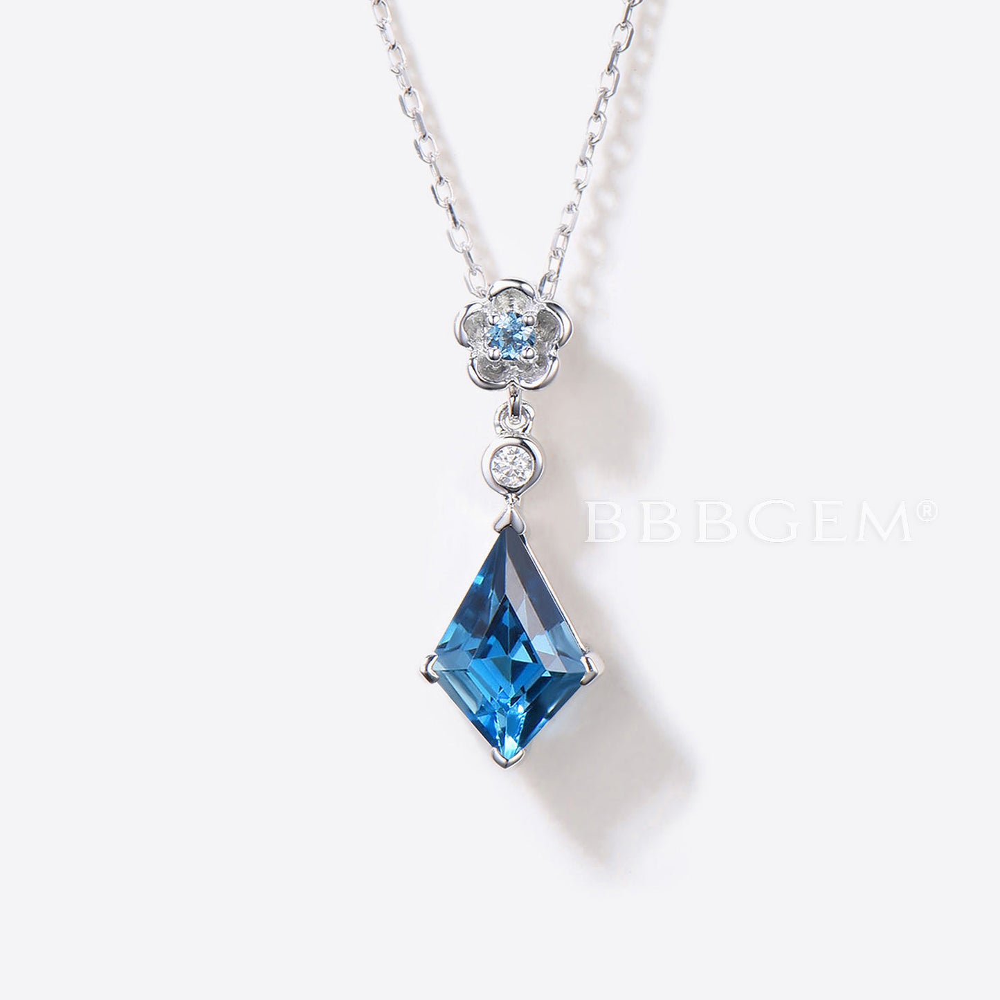 Kite Cut London Blue Topaz Wedding Necklace Silver Floral Pendant