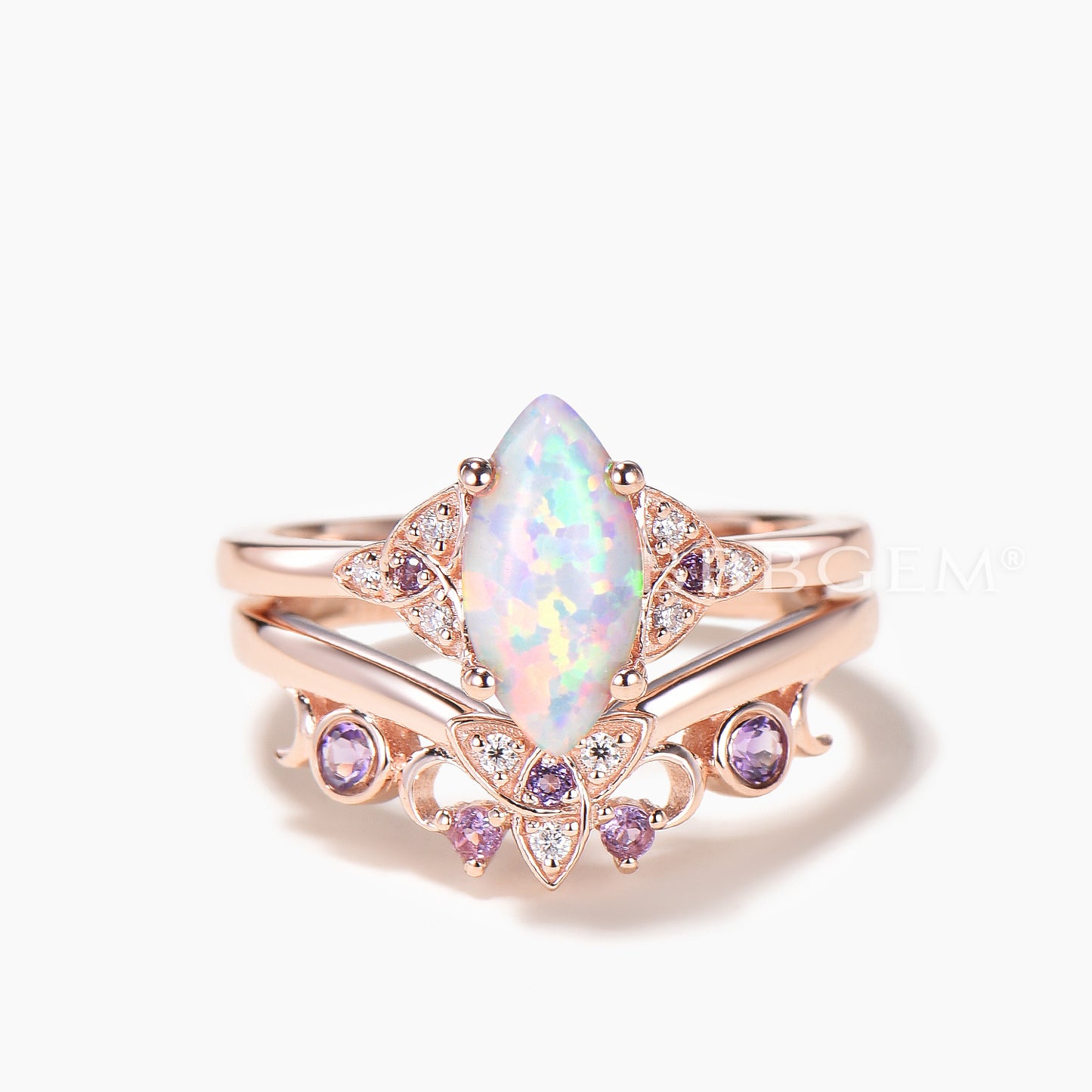 Marquise Cut Opal Engagement Ring Amethyst Diamond Celtic Knot Bridal Set