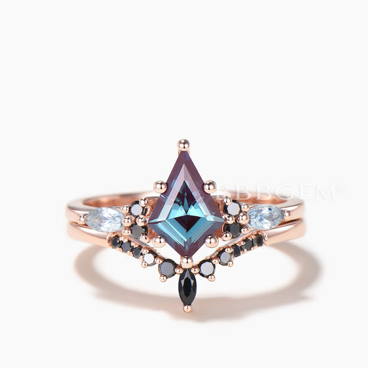 Kite Cut Color-change Alexandrite Wedding Ring Aquamarine Spinel Bridal Set
