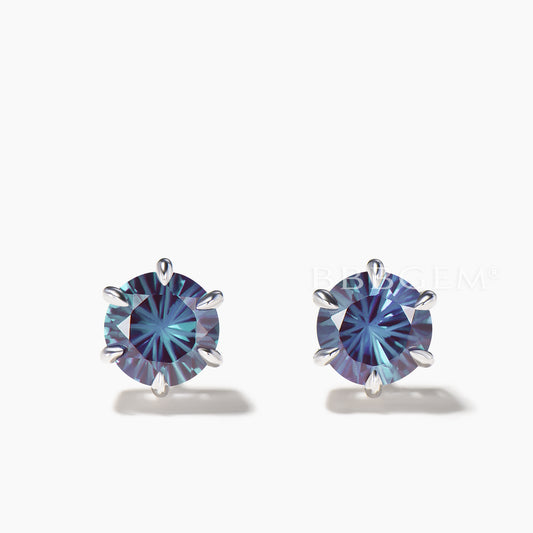 Round Shape Firework Cut Color-change Alexandrite Solitaire Stud Earrings
