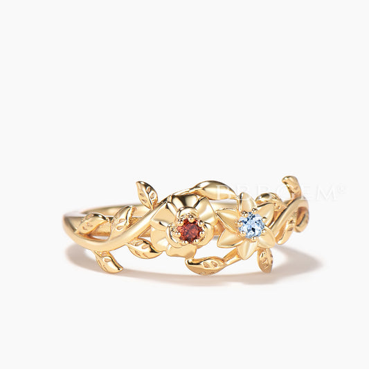 Round Cut Natural Aquamarine Garnet Floral Engagement Ring Inspired Toi et Moi Ring