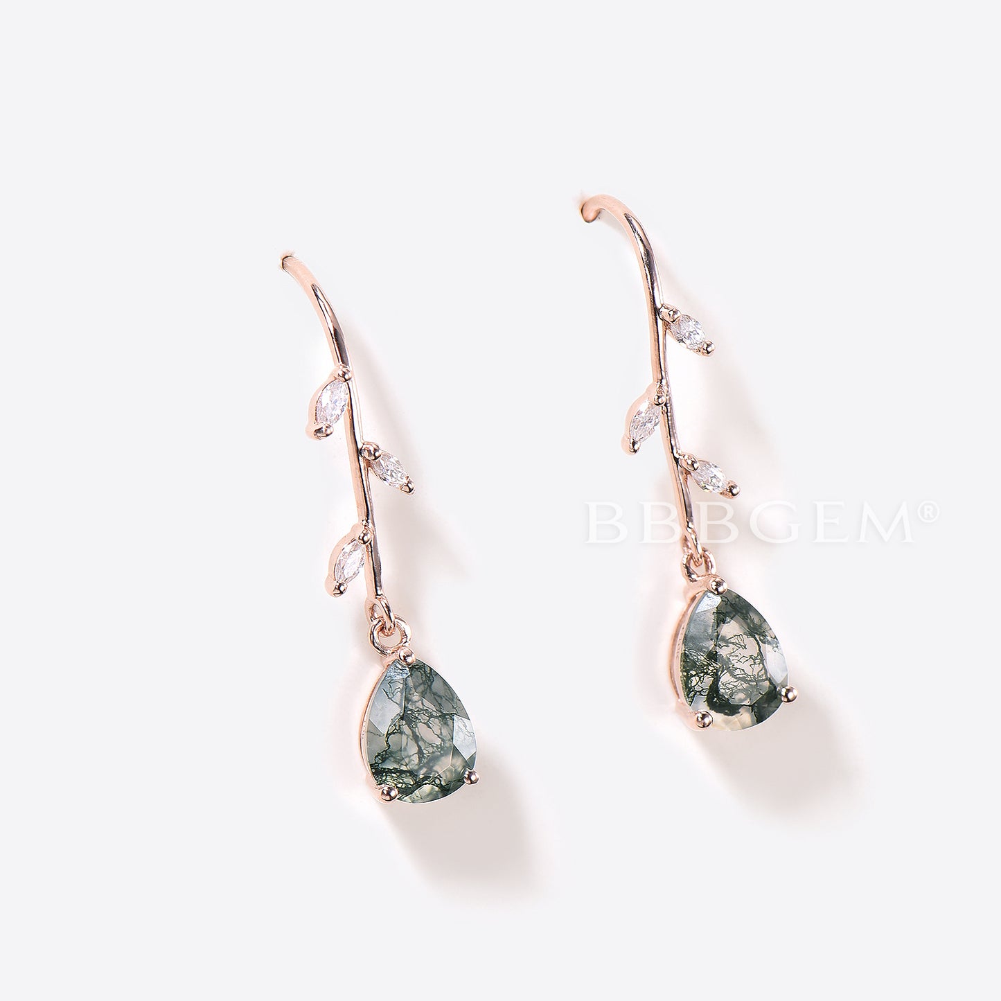 Pear Shaped Natural Moss Agate Drop Earrings Moissanite Dangle Earrings