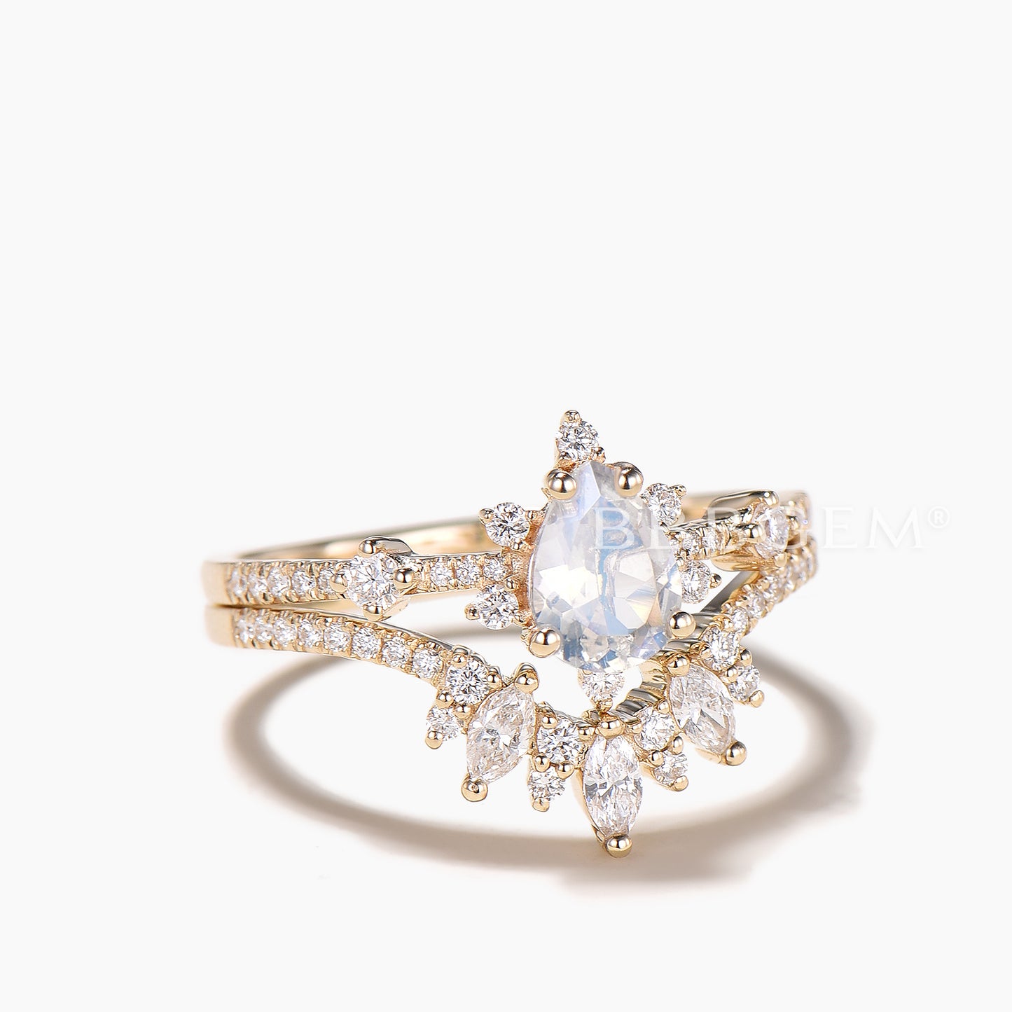 14K/18K Gold Pear Shaped Moonstone Diamond Art Deco Engagement Ring Set