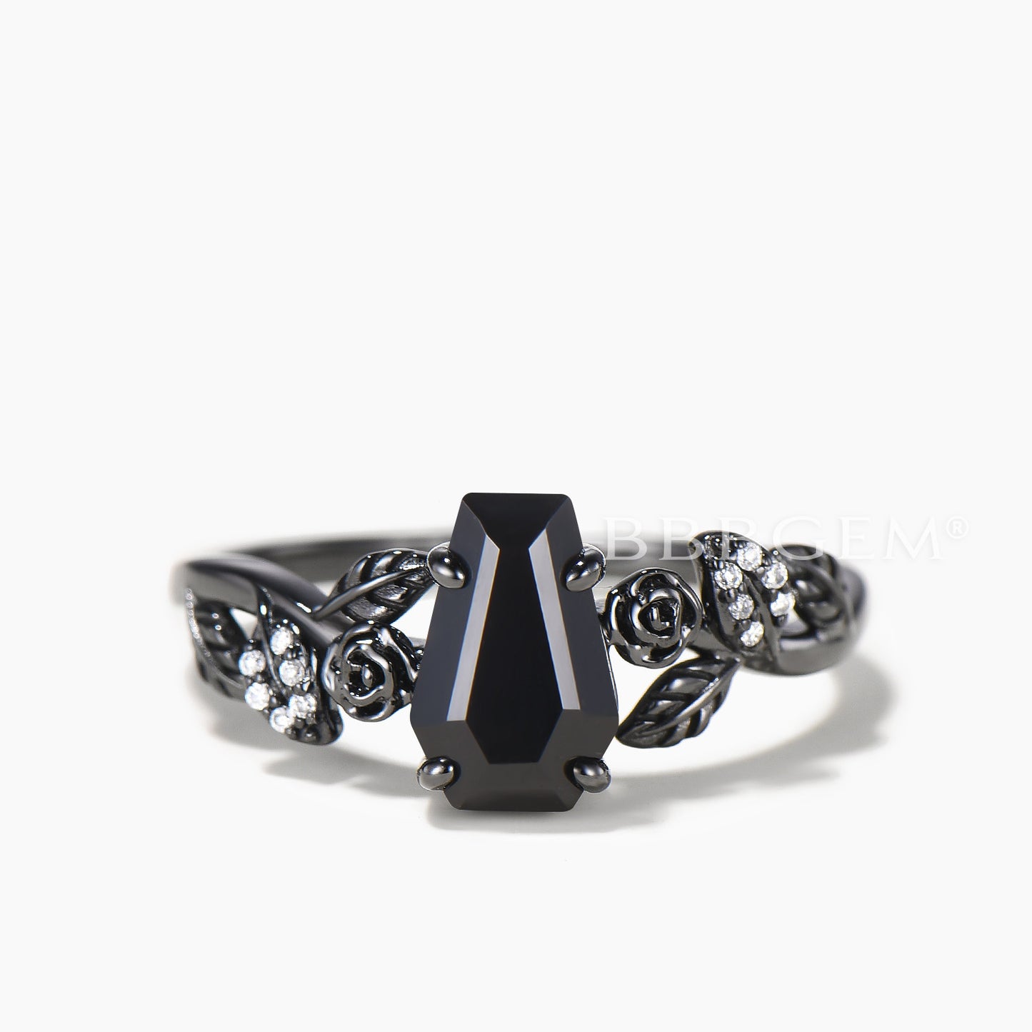 Nature Inspired Black Onyx Coffin Gothic Engagement Ring Unique Black Gold Flower