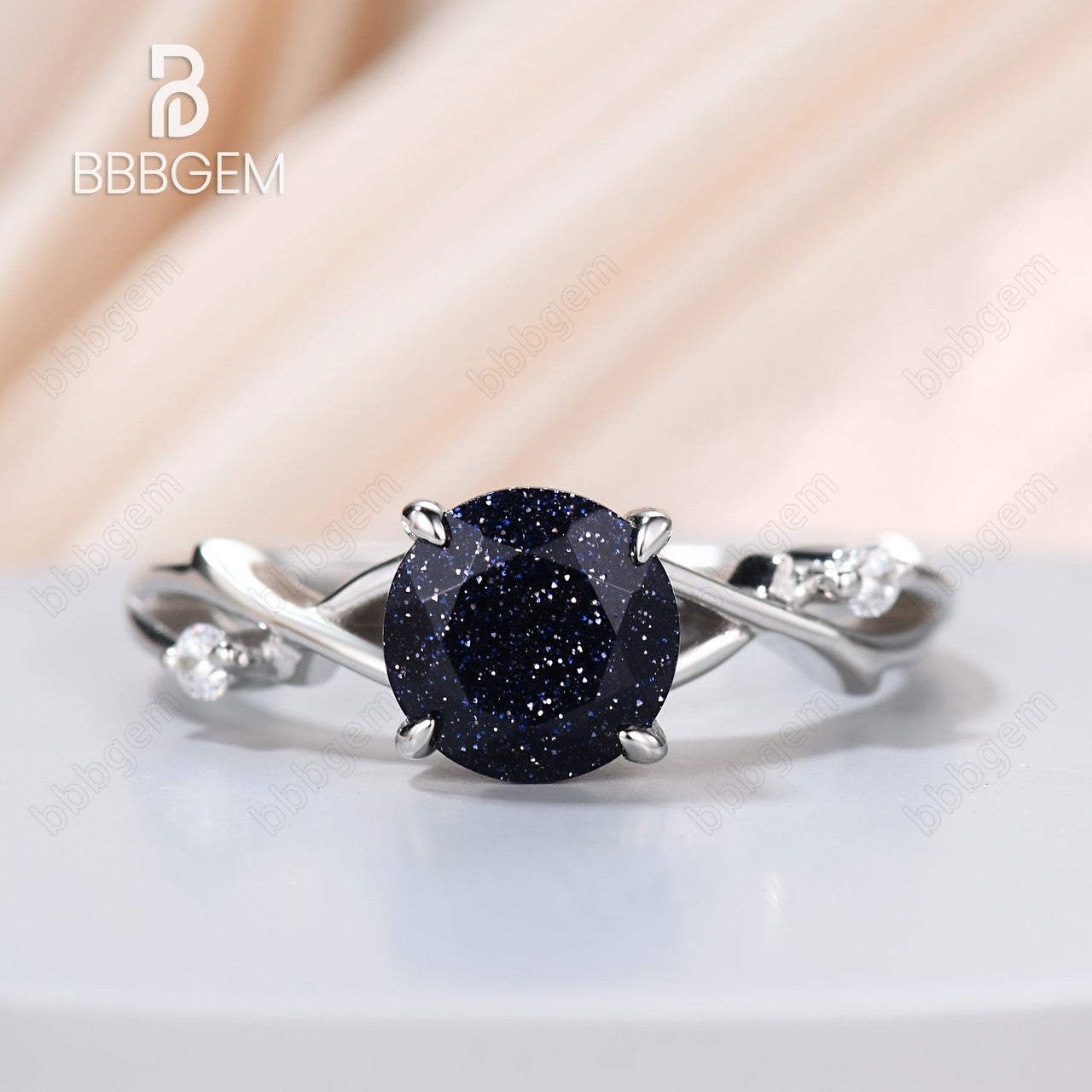 Round Natural Blue Sandstone Ring 925 Silver White Gold Petite Twisted Willow Galaxy Blue Sandstone Engagement Ring