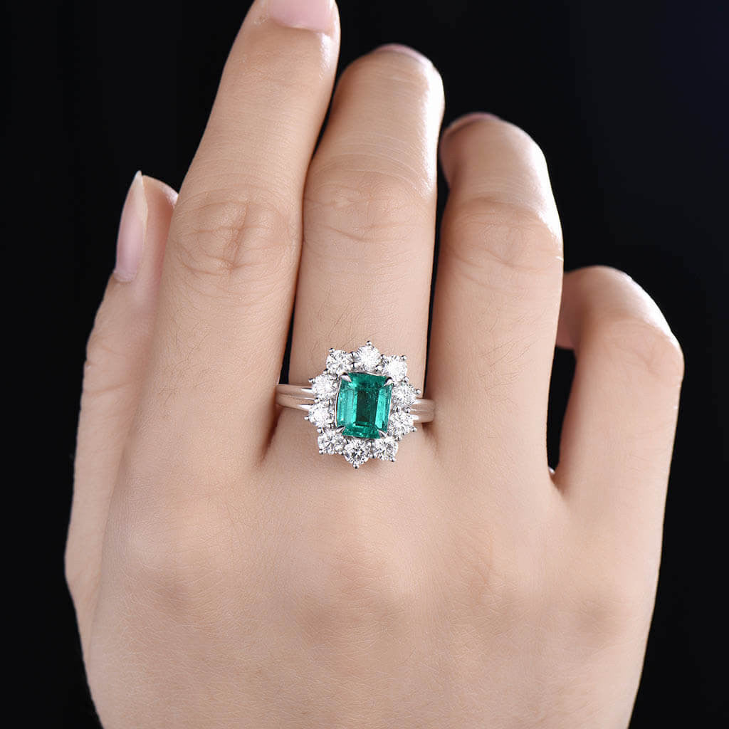 Floral Emerald  Cut Emerald Diamond Moissanite Engagement Ring 01