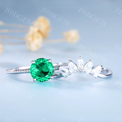 14K White Gold Emerald Wedding Ring Set Round Gemstone Ring CZ Diamond Wedding Band