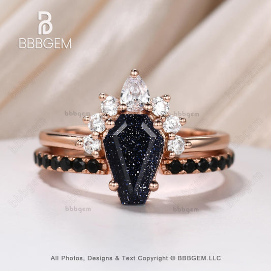 Dark Cluster Coffin Cut Blue Sandstone Wedding Ring Set for Women in Rose Gold Plated Silver Gothic Blue Sandstone Spinel Coffin Engagement Rings Unique Gift  