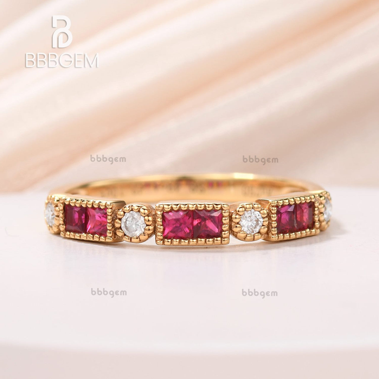 Red Ruby & Diamond Fashion Band Dot & Dash Baguette Natural Sapphire Ring Half Eternity Band