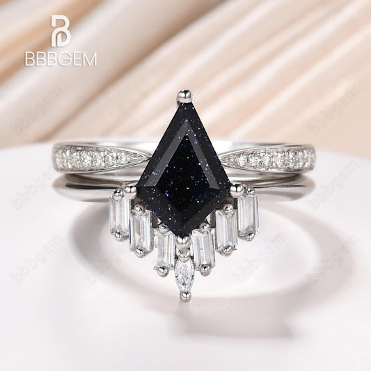 Knife-Edge Kite Blue Sandstone Engagement Ring Vintage Blue Goldstone Horizontal Baguette Moissanite Statement Ring Set Open Gap Pave Diamond Band