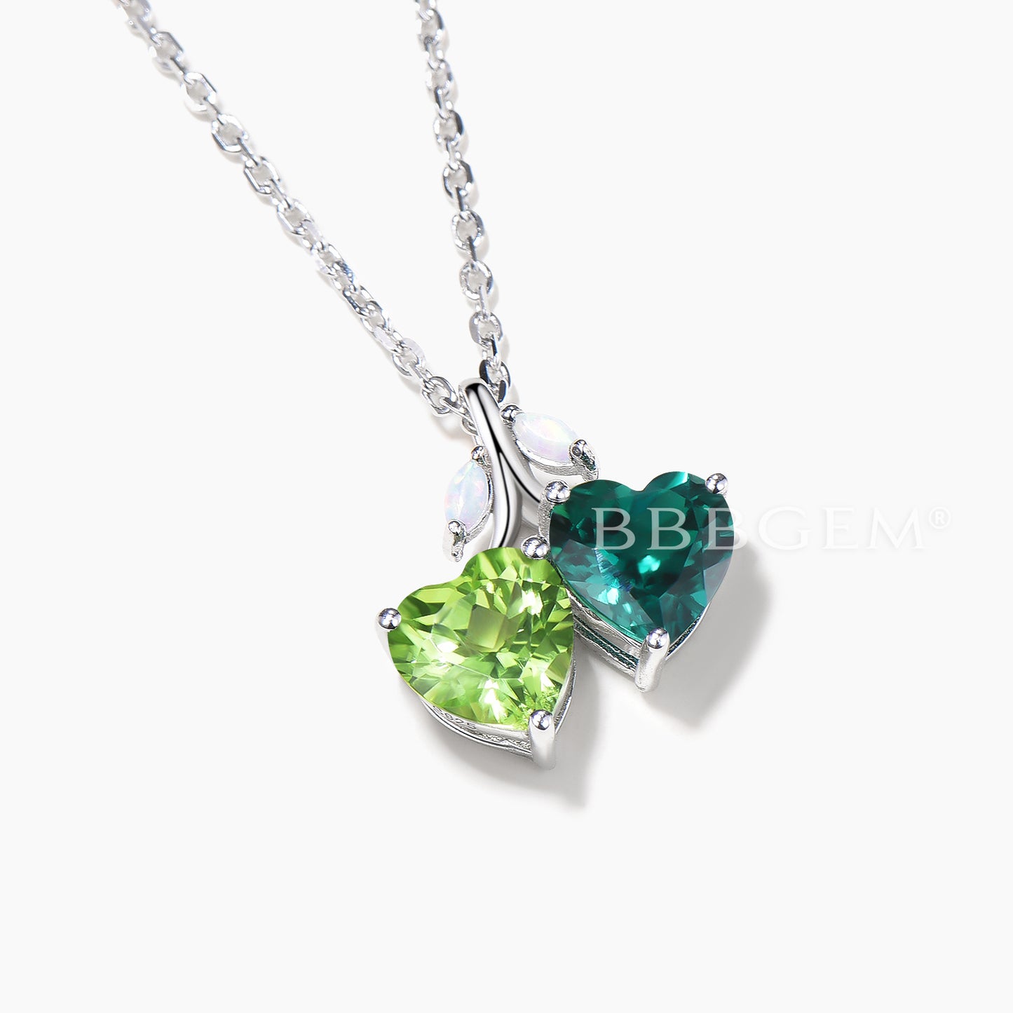 Heart Cut Peridot Emerald Toi et Moi Wedding Necklace Opal Twig Pendant