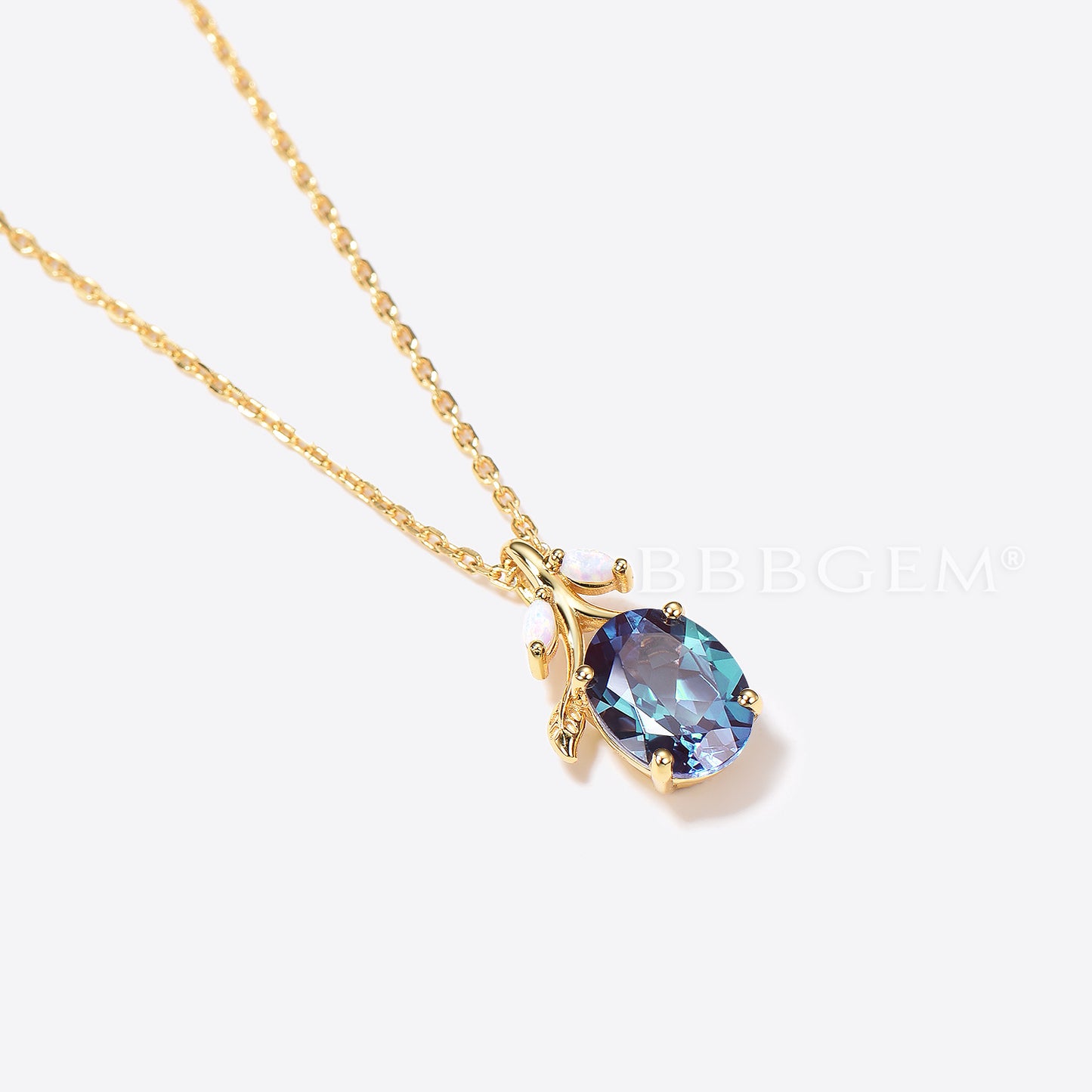 Leaf Vine Oval Shaped Color-Change Alexandrite Opal Necklace Nature Inspired Pendant