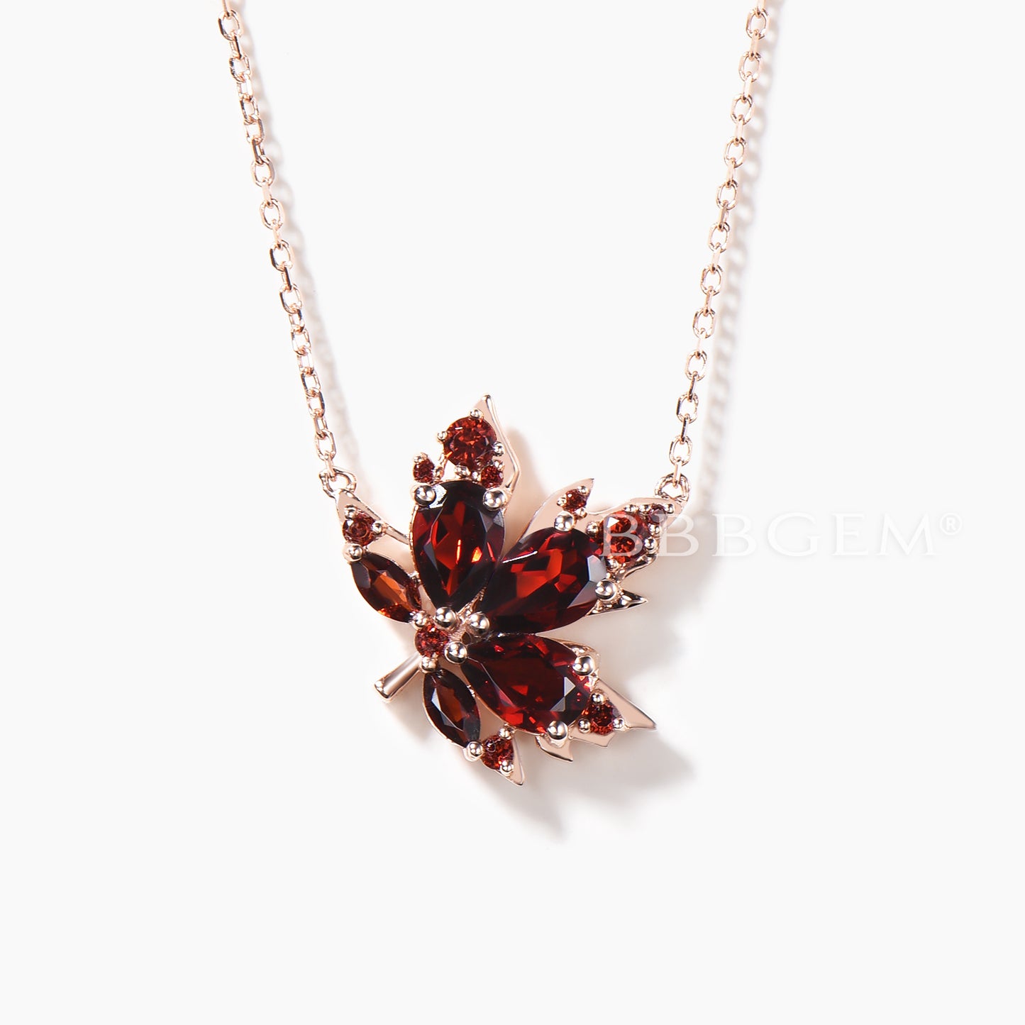 Teardrop Cut Garnet Maple Leaf Necklace Rose Gold Nature Inspired Pendant
