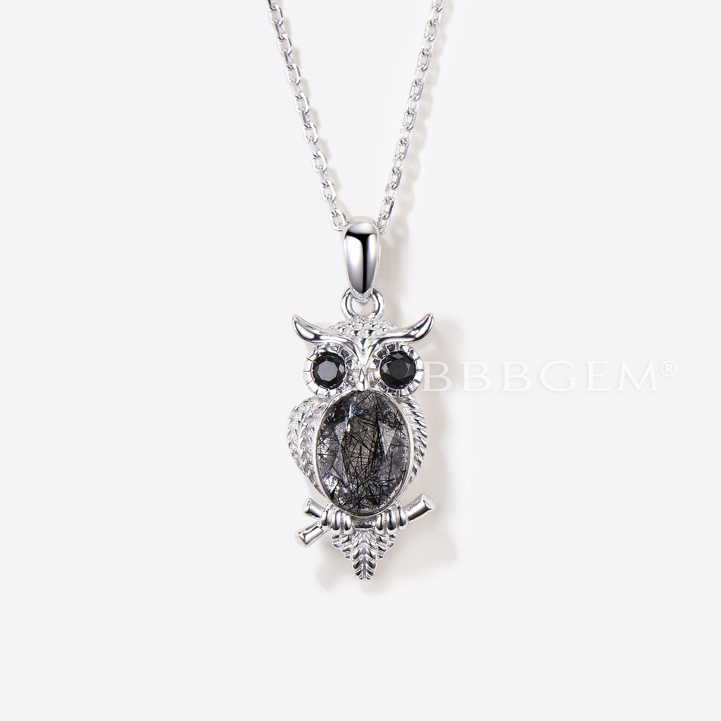 Oval Cut Natural Black Rutilated Quartz Pendant Owl Three Stone Necklace