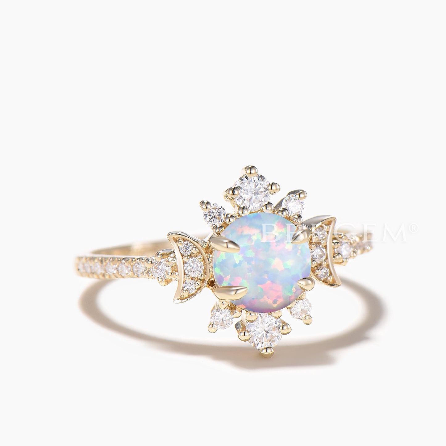 1CT Round Cut White Opal Engagement Ring Diamond Moon Halo Ring
