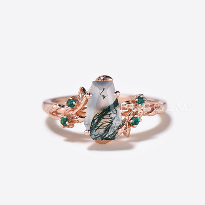 Twig Leaf Coffin Cut Moss Agate Engagement Ring Branch Wedding Ring