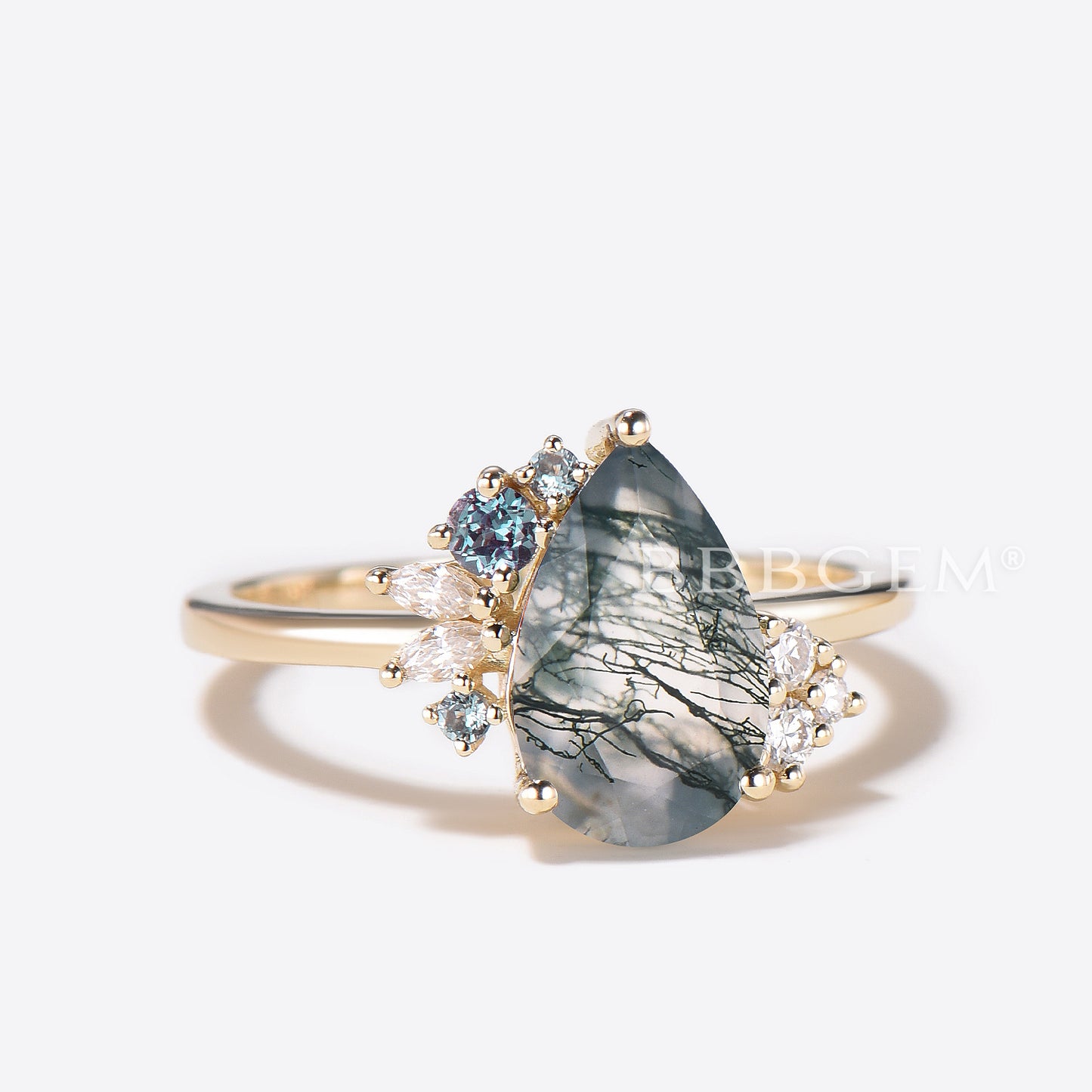 Pear Cut Natural Moss Agate Cluster Engagement Ring Alexandrite Diamond Ring