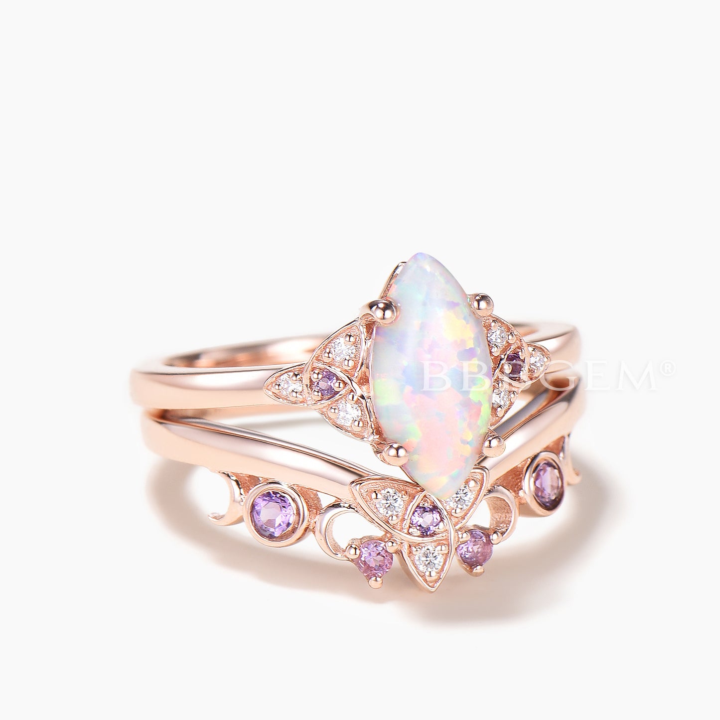 Marquise Cut Opal Engagement Ring Amethyst Diamond Celtic Knot Bridal Set