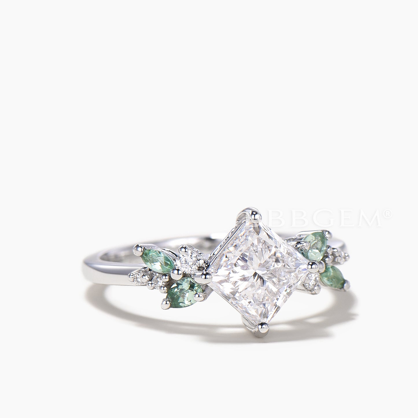 Princess Cut IGI Certificate Lab Grown Diamond Green Sapphire Cluster Wedding Ring