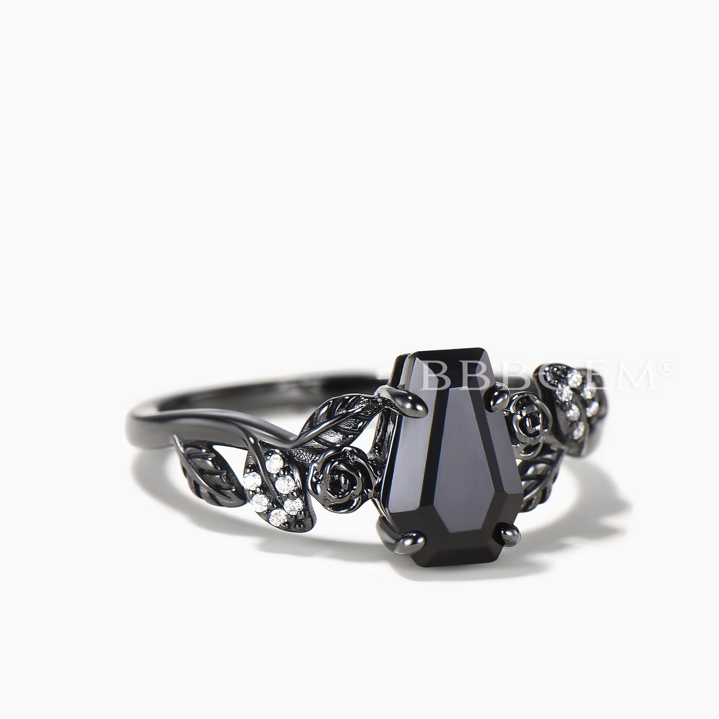 Nature Inspired Black Onyx Coffin Gothic Engagement Ring Unique Black Gold Flower