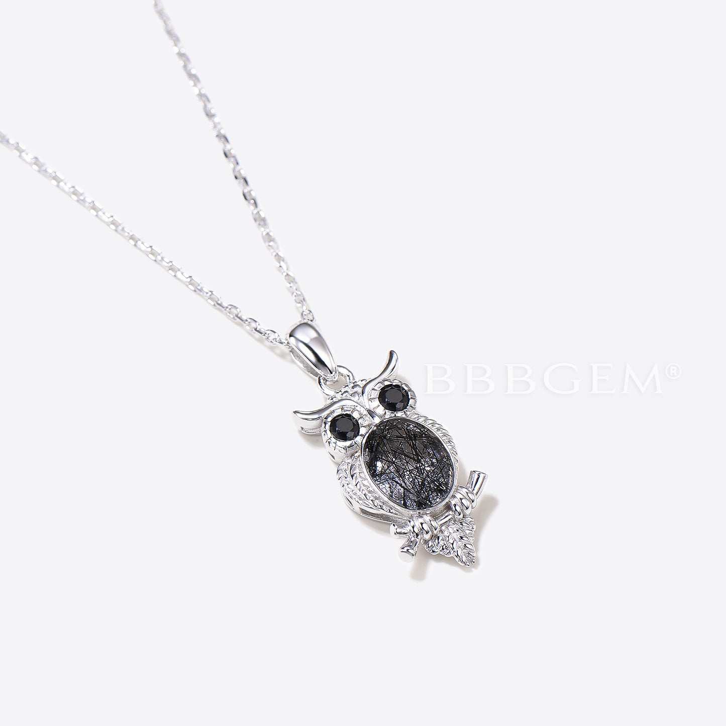 Oval Cut Natural Black Rutilated Quartz Pendant Owl Three Stone Necklace