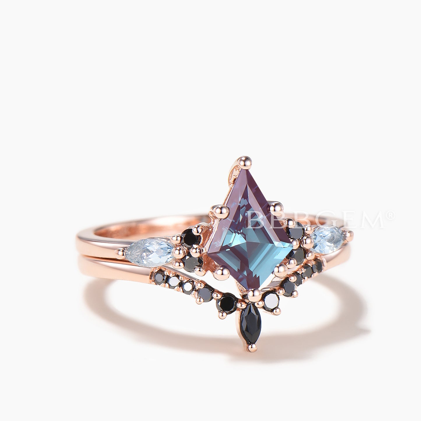 Kite Cut Color-change Alexandrite Wedding Ring Aquamarine Spinel Bridal Set