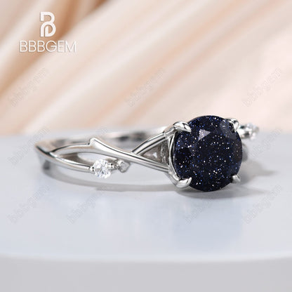 Round Natural Blue Sandstone Ring 925 Silver White Gold Petite Twisted Willow Galaxy Blue Sandstone Engagement Ring