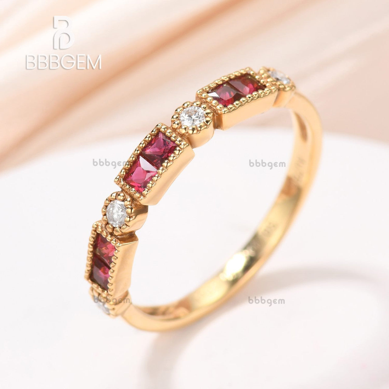 Red Ruby & Diamond Fashion Band Dot & Dash Baguette Natural Sapphire Ring Half Eternity Band