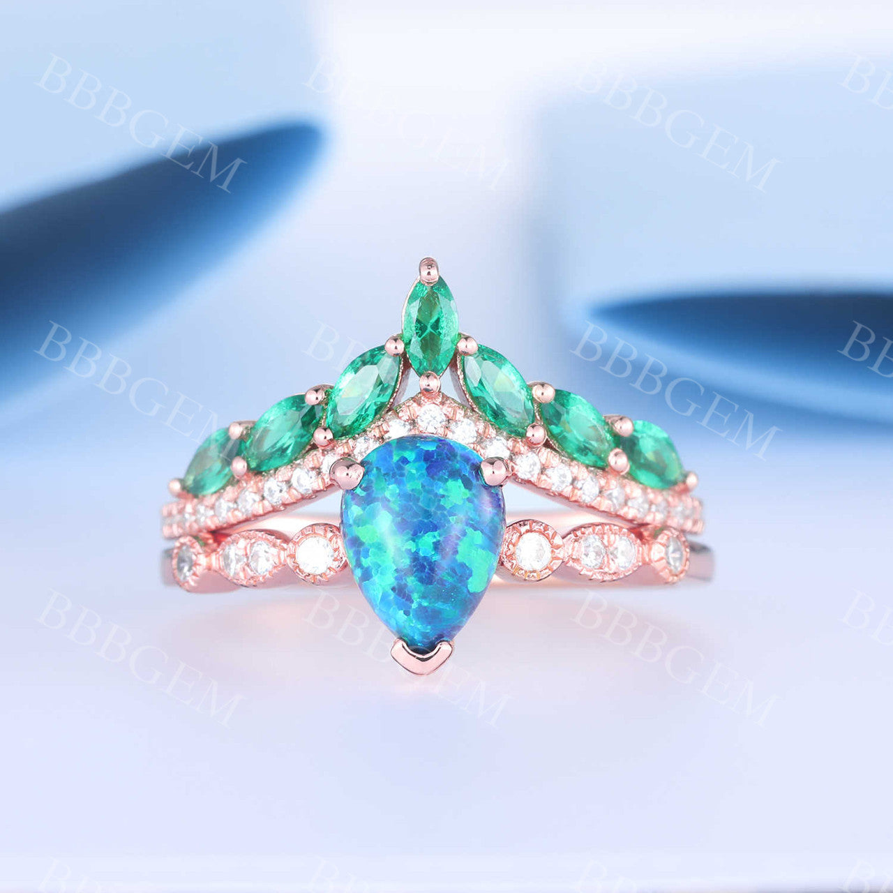 Pear Cut Black Opal  Engagement Ring Diamond Crown Chervon Eternity  Band Set