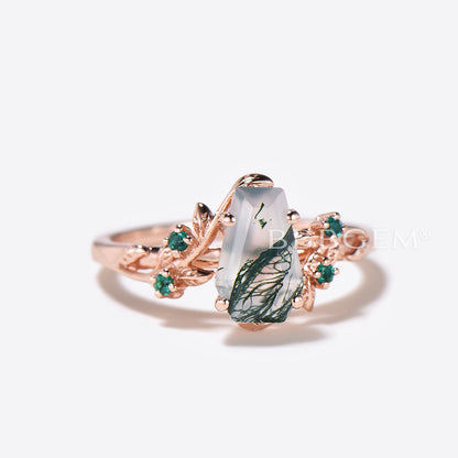 Twig Leaf Coffin Cut Moss Agate Engagement Ring Branch Wedding Ring