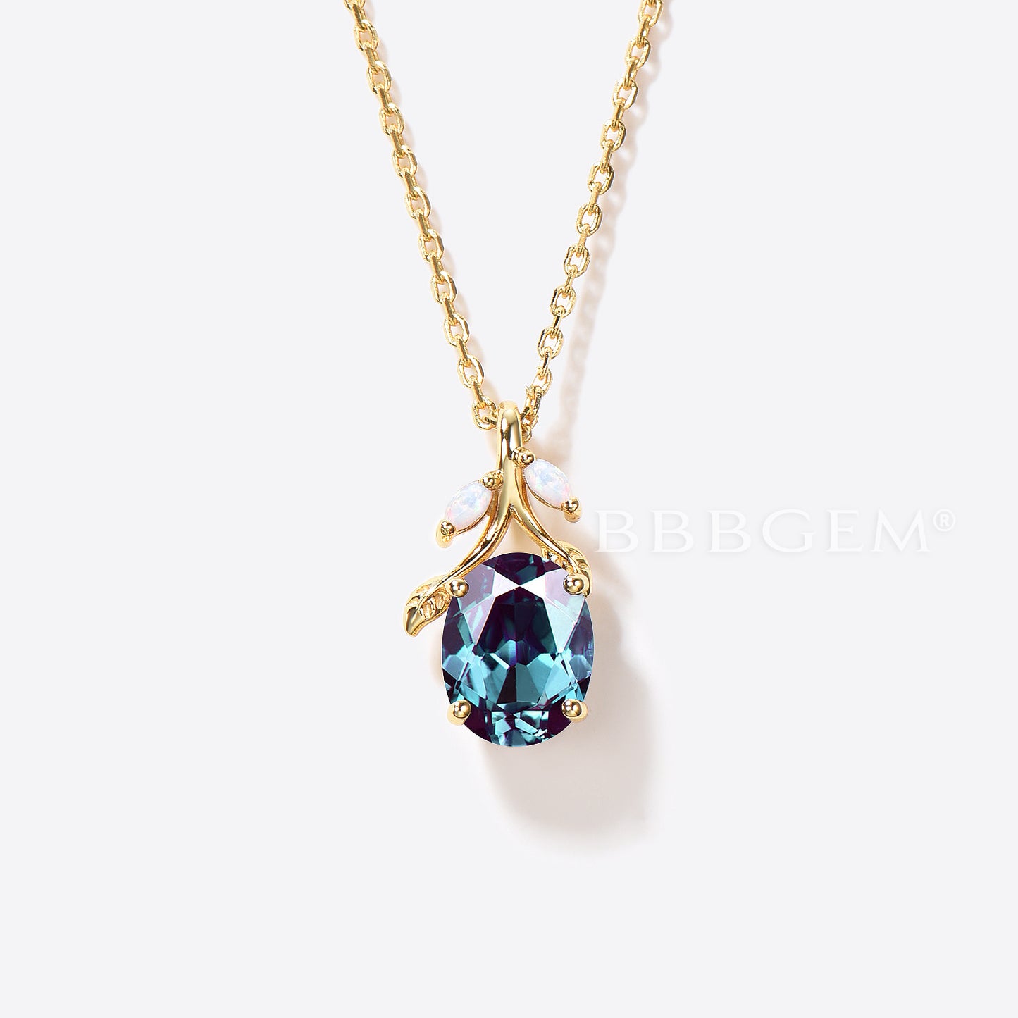 Leaf Vine Oval Shaped Color-Change Alexandrite Opal Necklace Nature Inspired Pendant