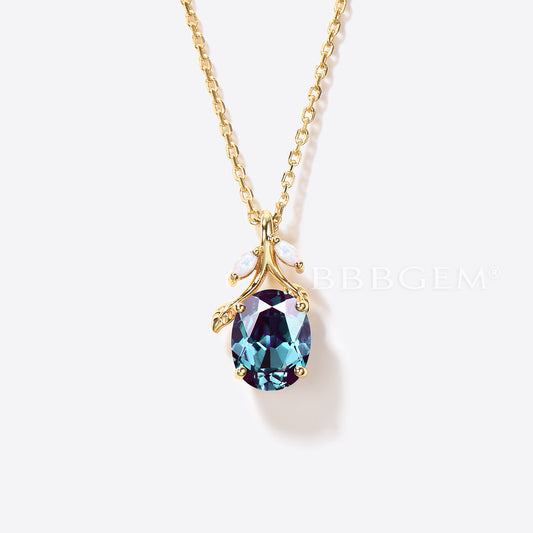 Leaf Vine Oval Shaped Color-Change Alexandrite Opal Necklace Nature Inspired Pendant